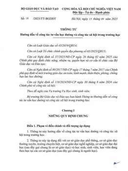 Thông tư số 18/2025/TT-BGDĐT của Bộ Giáo dục và Đào tạo: Hướng dẫn về công tác tư vấn học đường và công tác xã hội trong trường học